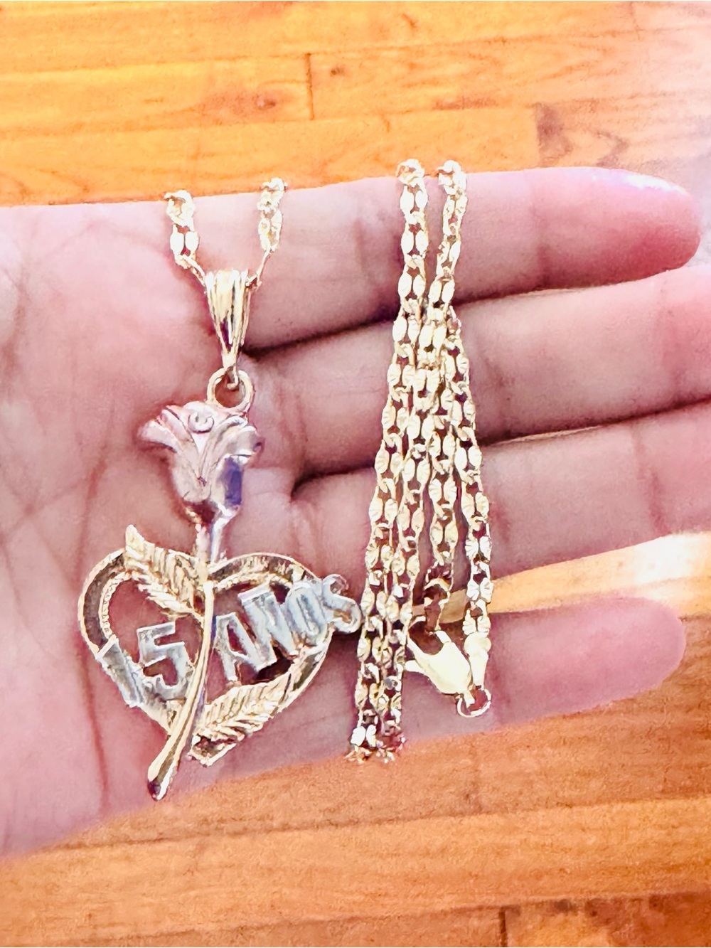 14K Gold Plated 15 años tricolor heart necklace. New